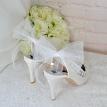 Load image into Gallery viewer, Ivory Slingback Shoes, Satin Bridal Heels with Heart Pearls &amp; Bow Detail
