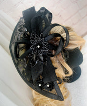 Load image into Gallery viewer, Black Satin Clutch Bag and Fascinator Set: Handmade Wedding Hatinator
