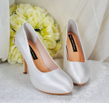 Load image into Gallery viewer, White Satin Wedding Heels: Gold Cherry Blossom Bridal Shoes UK5/US7.5
