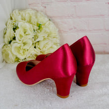 Load image into Gallery viewer, Burgundy Block Heel Satin Shoes, Wine Red Bridal Court Shoes
