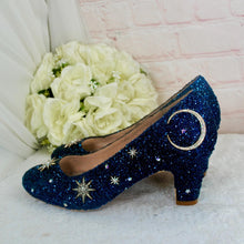 Load image into Gallery viewer, Navy Celestial Wedding Shoes – Glitter Moon &amp; Star Block Heels
