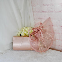 Load image into Gallery viewer, Nude Satin Bridal Set: Handmade Heels, Clutch Bag, Fascinator
