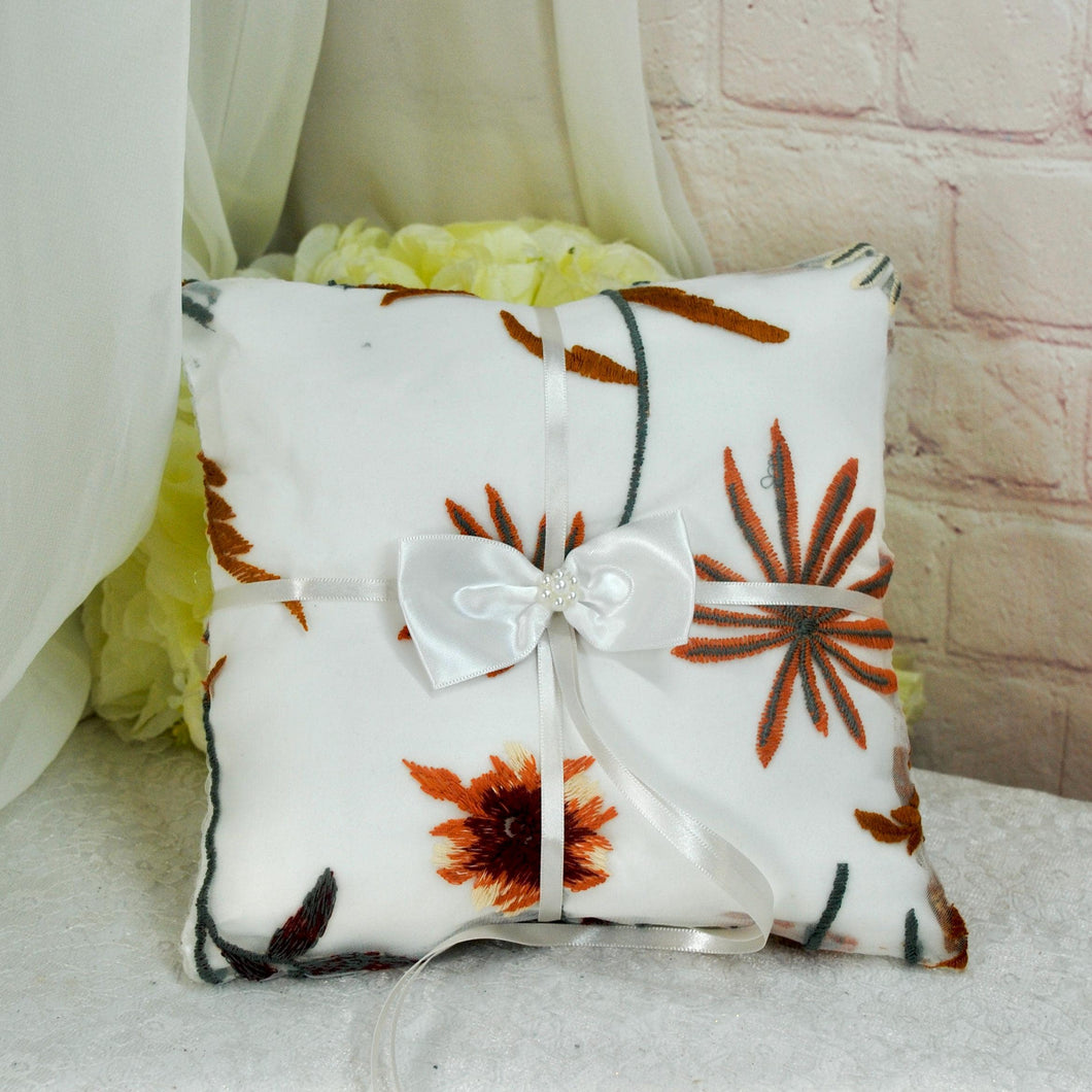 Luxury Autumn Leaf Floral wedding ring pillow, Flower ring bearer pillow with Embroidery and satin ribbons, keepsake gift