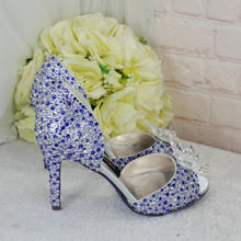 Load image into Gallery viewer, Lilac Crystal Bridal Shoes with Flower Detail | Custom Colour Peep Toe Heels
