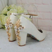 Load image into Gallery viewer, Bridal Block Heel Satin Shoes – Ivory Handmade Wedding Heels 8cm Glitter • UK5/US7.5
