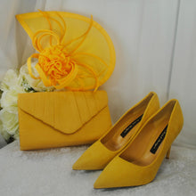 Load image into Gallery viewer, Mustard Yellow Fascinator Hat &amp; Vegan Suede Clutch Bag Set
