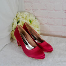 Load image into Gallery viewer, Burgundy Red Satin Block Heels and Clutch Bag Set: Handmade Bridal Shoes
