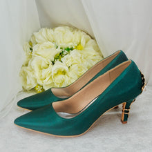 Load image into Gallery viewer, Emerald Green Satin Bridal Shoes: Gold Floral Blossom Heel
