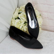 Load image into Gallery viewer, Black Satin Flat Shoes: Pointed Toe Ballet Flats
