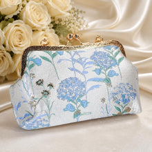 Load image into Gallery viewer, Floral Bridal Clutch: Luxury Blue Hydrangea Embroidered Bag, Detachable Chain

