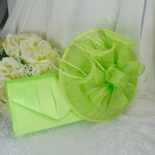 Load image into Gallery viewer, Bright Lime Green Satin Clutch Bag and Fascinator Set, Handmade Bridal Hatinator
