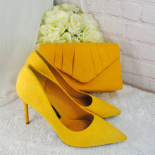 Load image into Gallery viewer, Mustard Yellow Fascinator Hat &amp; Vegan Suede Clutch Bag Set
