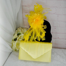 Load image into Gallery viewer, Yellow Fascinator and Clutch Bag Set: Handmade Satin Wedding Outfit
