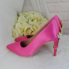 Load image into Gallery viewer, Hot Pink Satin Heels: Golden Cherry Blossom Bridal Shoes

