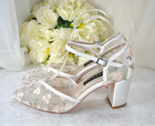Load image into Gallery viewer, Bridal Block Heel Shoes – Floral Embroidered Ivory Wedding Heels, Comfortable Satin Sandals
