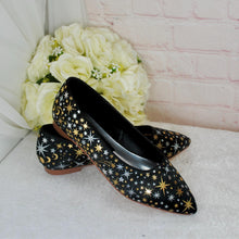 Load image into Gallery viewer, Black Celestial Bridal Flats – Hand-Painted Pointed Wedding Shoes
