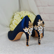 Load image into Gallery viewer, Navy Satin Heels: Silver Floral Cherry Blossom Embellishment
