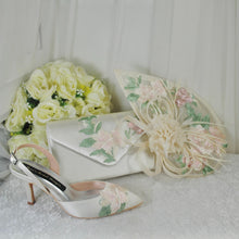 Load image into Gallery viewer, Ivory &amp; Pink Fascinator Hat and Clutch Bag Set: Floral Embroidered Bridal Hatinator
