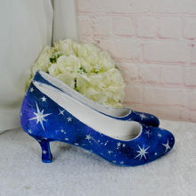 Load image into Gallery viewer, Hand-Painted Celestial Wedding Shoes – Blue Galaxy Low Heels
