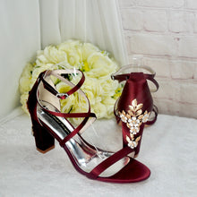 Load image into Gallery viewer, Navy Satin Bridal Sandals: Cherry Blossom Block Heel Wedding Shoes
