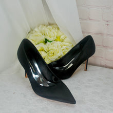 Load image into Gallery viewer, Black Satin Pointed Toe Stiletto Court Shoes: Custom Colours
