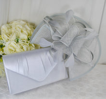 Load image into Gallery viewer, Silver Grey Fascinator and Clutch Bag Set: Handmade Satin Bridal Hatinator
