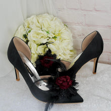 Load image into Gallery viewer, Black Gothic Bridal Set: Handmade Clutch, Sinamay Fascinator, Satin Stiletto Heel Shoes, Floral Rose
