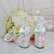 Load image into Gallery viewer, Bridal Block Heel Sandals – Handmade Satin Wedding Shoes With Pastel Floral Embroidery • UK5/US7.5
