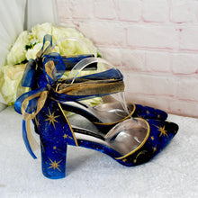 Load image into Gallery viewer, Blue Celestial Wedding Shoes – Galaxy Block Heels with Ankle Ribbons
