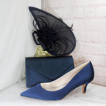 Load image into Gallery viewer, Navy Blue Satin Bridal Set: Heels, Clutch Bag &amp; Fascinator
