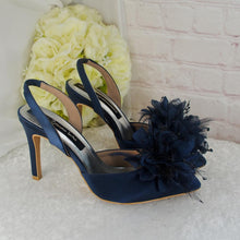 Load image into Gallery viewer, Navy Blue Satin Heel, Clutch &amp; Fascinator Set: Handmade Wedding Guest Outfit
