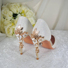 Load image into Gallery viewer, Ivory Shimmer Heels - Handmade Bridal Satin Shoes with Gold Detail &amp; Cherry Blossom UK7/US9.5
