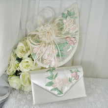 Load image into Gallery viewer, Ivory &amp; Pink Fascinator Hat and Clutch Bag Set: Floral Embroidered Bridal Hatinator
