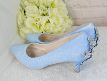 Load image into Gallery viewer, Blue Glitter Kitten Heel Bridal Shoes: Silver Cherry Blossom Wedding Heels (UK8/US10.5)
