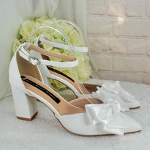 Load image into Gallery viewer, Bridal Block Heel Sandals - White Satin Bow, Handmade Comfortable Wedding Shoes UK5 US7.5
