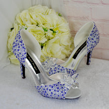 Load image into Gallery viewer, Lilac Crystal Bridal Shoes with Flower Detail | Custom Colour Peep Toe Heels

