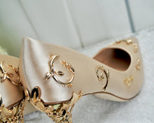 Load image into Gallery viewer, Champagne Satin Bridal Shoes: Gold Filigree Vine Wedding Heels
