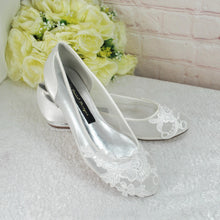 Load image into Gallery viewer, Ivory Satin Bridal Sandals - Flat Wedding Shoes With Floral Embroidery &amp; Lace • UK4/US6.5
