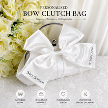 Load image into Gallery viewer, Personalised White Satin Bow Clutch Bag – Custom Bridal Wedding Purse

