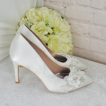 Load image into Gallery viewer, Ivory Satin Bridal Heels: Hand-Beaded 3D Floral Wedding Shoes Size UK5/US7.5
