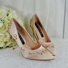 Load image into Gallery viewer, Champagne Satin Bridal Shoes: Gold Filigree Vine Wedding Heels

