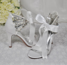 Load image into Gallery viewer, White Wedding Sandals - Handmade Bridal High Heels with Crystal Straps &amp; Ribbon Tie UK4/US6.5
