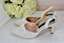 Load image into Gallery viewer, Ivory Shimmer Slingback Heels; 3D Floral Toe Details, Handmade Bridal Shoes, Wedding Heel Size UK5/US7.5
