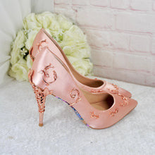 Load image into Gallery viewer, Blush Pink Satin Bridal Shoes with Rose Gold Filigree Vines

