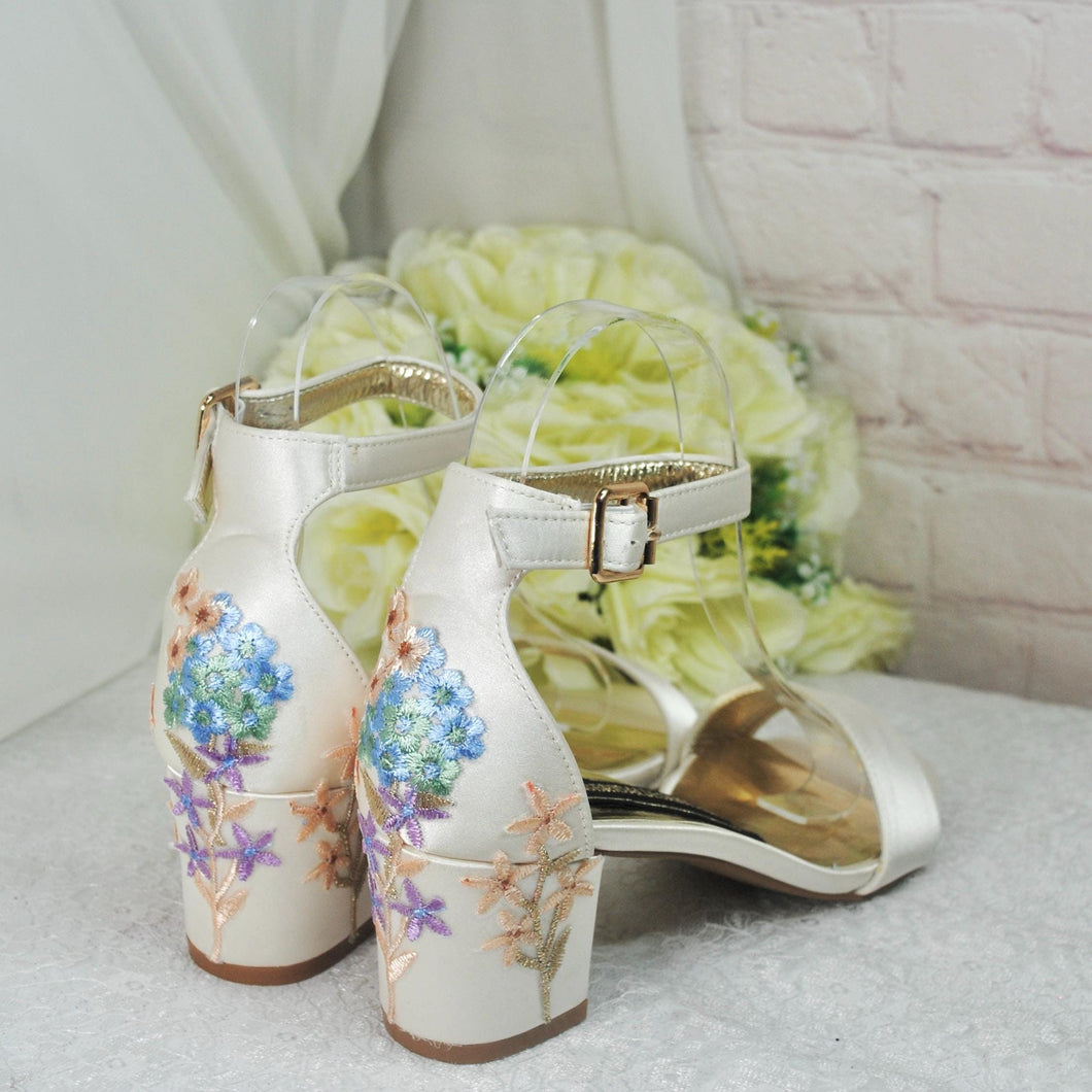 Ivory Block Heel Bridal Sandals, Low heels, Embroidered Wedding Shoes for Bride