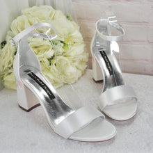 Load image into Gallery viewer, Bridal Block Heel Sandals – Handmade Satin Wedding Shoes With Pastel Floral Embroidery • UK5/US7.5
