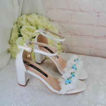 Load image into Gallery viewer, Block Heel Bridal White Sandals with Something Blue Floral Rose Details • UK5/US7.5
