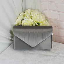 Load image into Gallery viewer, Pewter Dark Grey Satin Bridal Set: Block Heel Shoes, Clutch Bag &amp; Sinamay Fascinator
