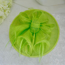 Load image into Gallery viewer, Bright Lime Green Satin Clutch Bag and Fascinator Set, Handmade Bridal Hatinator
