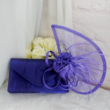 Load image into Gallery viewer, Purple Satin Clutch Bag and Fascinator Set: Wedding Guest Hatinator
